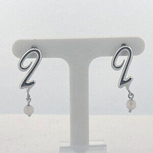 Estate Sterling Silver 925 Abstract Zig Zag Earrings with Dangle White Beads